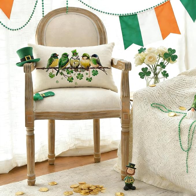 RABUSOFA St.Patricks Day Pillow Covers 12x20 Inch,Birds Shamrock St Patricks Day Decorations Holiday Spring Decorative Pillow Case Decor for Sofa Couch Green