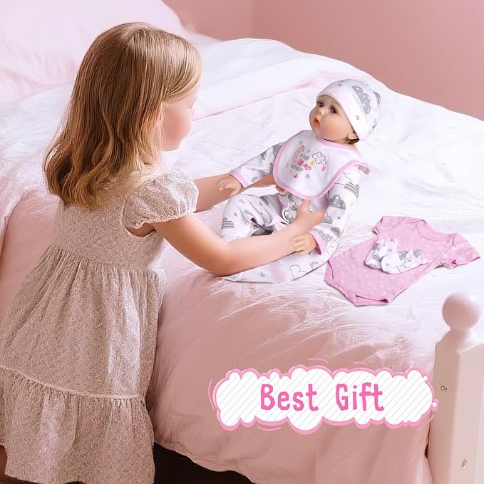 PEDOLLTREE 13 Pcs Reborn Baby Dolls Clothes Girl Accessories Outfit with Pink Dot Bassinet and Diapers Set for 17-22 Inch Reborn Dolls Newborn Baby Girl
