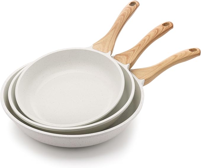SENSARTE Ceramic Nonstick Frying Pan Skillets, White (9.5+11+12.5 Inch) | Healthy ceramic nontoxic coating, PTFE & PFAS free. Compatible with all stoves including induction cooktops. Easy to clean.