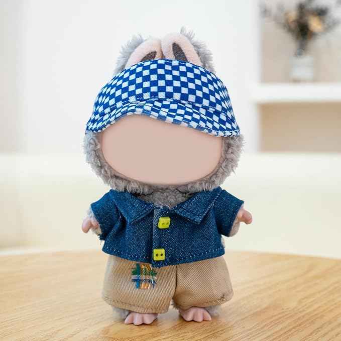 Clothes for Labubu Doll,6.7 Inch Doll Clothing Set - 3 Pieces of Handmade Clothes and Accessories for 17cm Plush Toys - Blue Shirt + Khaki Shorts + Blue and White Checkered Baseball Cap