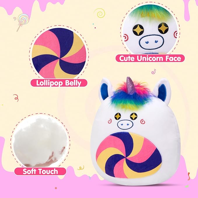 Athoinsu 12‑Inch Rainbow Unicorn Plush Pillow Soft & Cuddly Stuffed Animal for Kids Toddler Girls and Boys, Cute Rainbow Belly Plush Gift