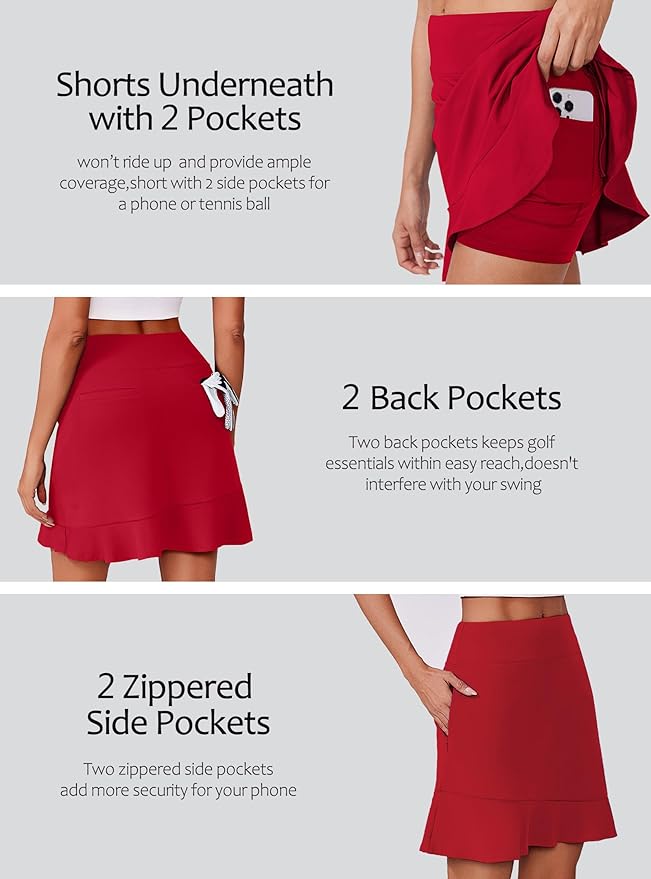 PINSPARK 18" Golf Skorts for Women with 6 Pockets Ruffle Athletic Skort | Above the Knee,High Waist,UPF 50+,4-way Stretch,Lightweight,Ruffle Hem,Tennis,Casual,Work,Pickleball
