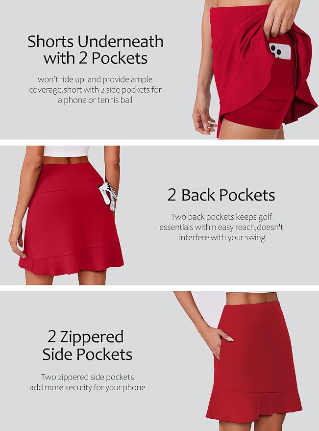 PINSPARK 18" Golf Skorts for Women with 6 Pockets Ruffle Athletic Skort | Above the Knee,High Waist,UPF 50+,4-way Stretch,Lightweight,Ruffle Hem,Tennis,Casual,Work,Pickleball