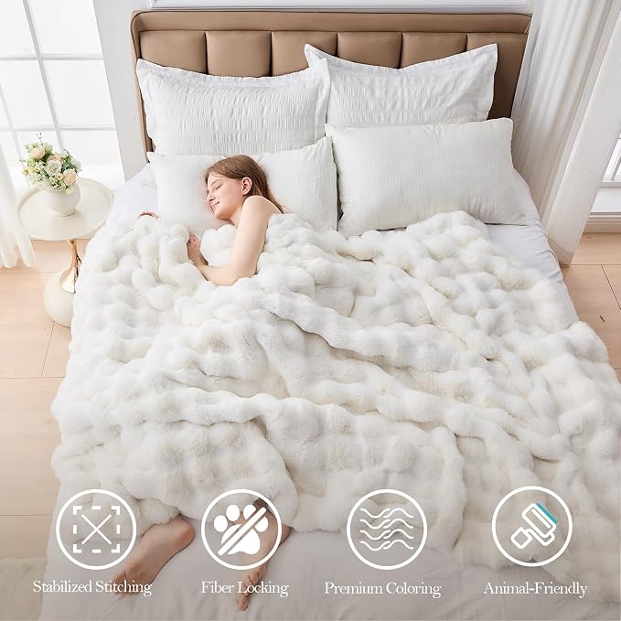 Faux Fur Queen Blanket for Couch, 1000 GSM Cozy Fuzzy Fluffy Soft Plush Thick Bubble Sherpa Blanket for Sofa Bedroom Living Room, Mothers Day Birthday Gifts for Women Home Decor