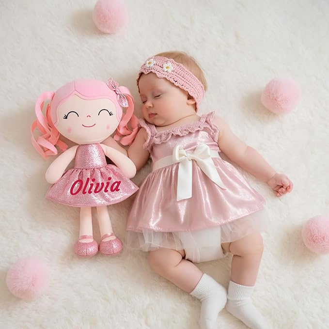 Gloveleya Personalized Baby Doll – 12” Soft Rag Doll with Custom Name Printing, Curly Hair Pink Dress, Keepsake Plush Toy, Perfect Birthday, Christmas for Girls