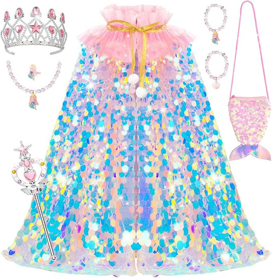 Meland Princess Dress Up for Girls 3-8, 11Pcs Mermaid Cape with Crown, Dress Up Clothes Birthday Gift Toys for Girls Toddlers
