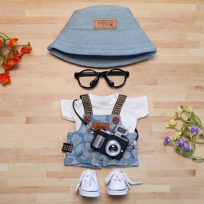6 Piece 17cm Doll Clothes, Outfit Set with Accessories for 17cm Dolls, Denim Style Outfit Set with T-Shirt + Denim Overalls + Canvas Sneakers + Denim Hat + Mini Camera + Glasses, No Doll Included