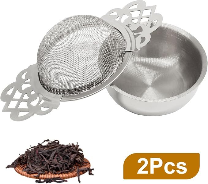 2 Pcs Tea Strainer Bowl, Stainless Steel Loose Leaf Tea Filter for Easy Brewing and Cleaning, Design Fits Most Standard Cups (Gold, Silver)