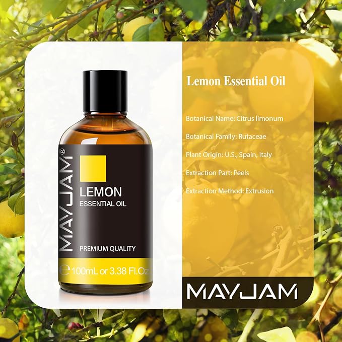 Lemon Essential Oil, MAYJAM Large Volume Pure Essential Oils with Glass Dropper, Lemon Oil Essential Oils for Aromatherapy Diffusers DIY, 100ml