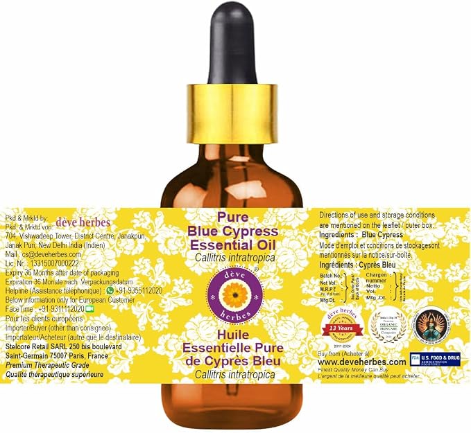 dève herbes Pure Blue Cypress Essential Oil (Callitris intratropica) with Glass Dropper Natural Therapeutic Grade Steam Distilled 5ml (0.16 oz)