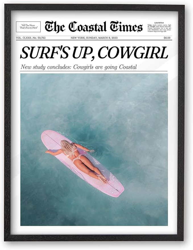 iHery 12x16in Surf’s Up Cowgirl Black Framed Newspaper Wall Art | Premium Black Natural OAK Wood Frame with Canvas Print, Coastal Western Decor for Bedroom, Girl Dorm, Living Room 1Pack