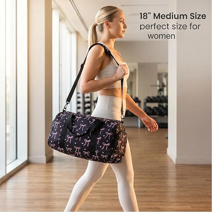 Gym Bag Sports Duffle Bag with Wet Pocket Weekender Overnight Bags with Waterproof Shoe Pouch and Air Hole for Girls Kids Women Workout Travel Bags (Bow Tie Black)