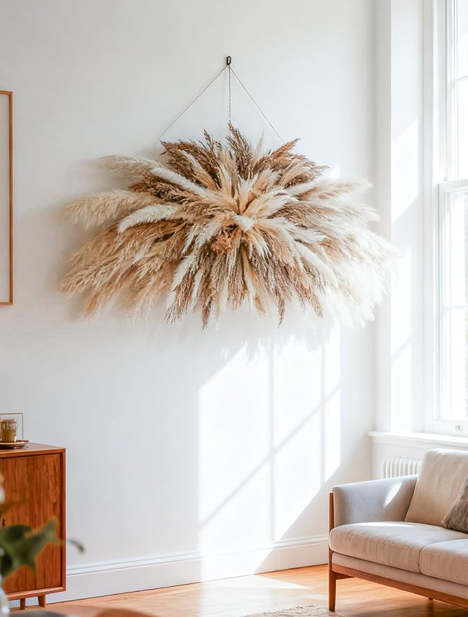 Large Boho Decor Pampas Grass Wall Decor - Need to Assembled | 35~50inch,All-in-One Kit ,Easy Install,Natural Dried Flower, Perfect decor for Living Room、Wedding Arch、Entryway、Party decor