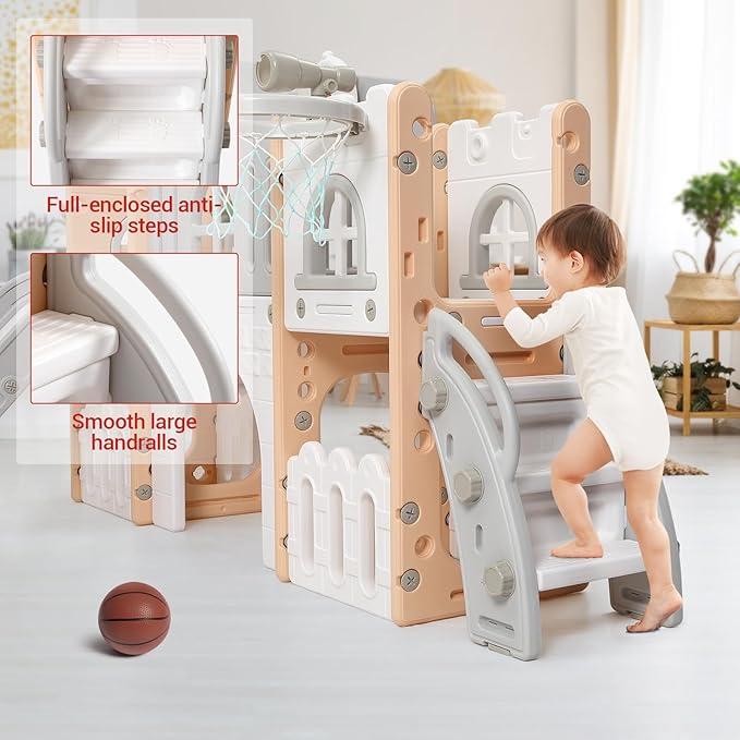 8 in 1 Toddle Slide Playset, Indoor Playground for Kids 1-3， Toddle Outdoor Playset with Slide, Climber, Tunnel, Basketball Hoop, Storage Space and Telescope for for Boys Girls, Pink Gray