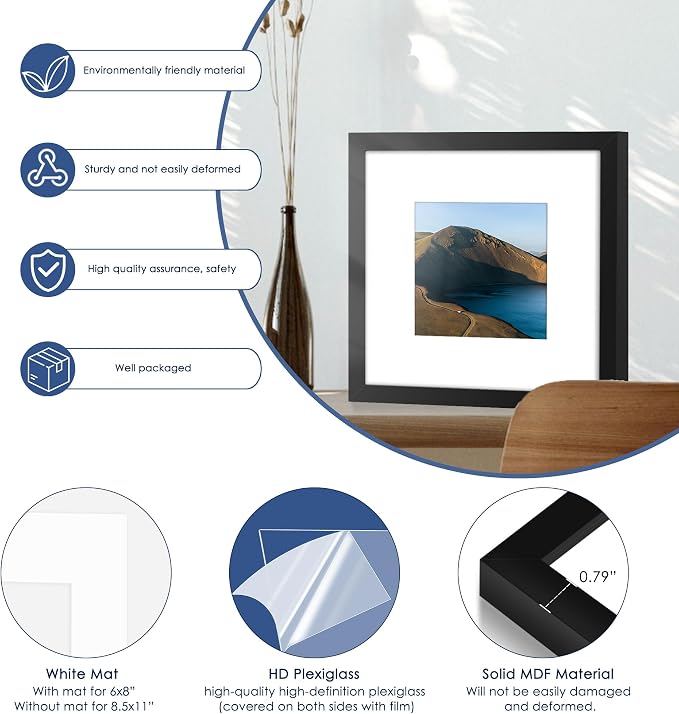 8x8 Picture Frame Set of 6, Wall or Tabletop Display, Black | Display Pictures 5x5 with Mat or 8x8 Without Mat, Horizontal or Vertical, Gallery Wall Frame Set, Wedding Birthday Gifts