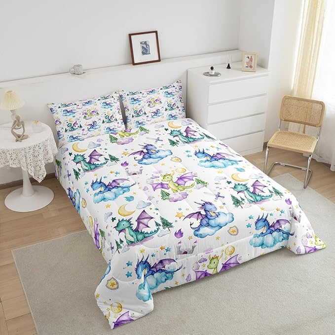 Feelyou Dragon Comforter Set Twin Size Cute Comforter for Boys Girls Teens Kawaii Bedding Set Dragon Stuff Duvet Set Room Decor White Quilt Set