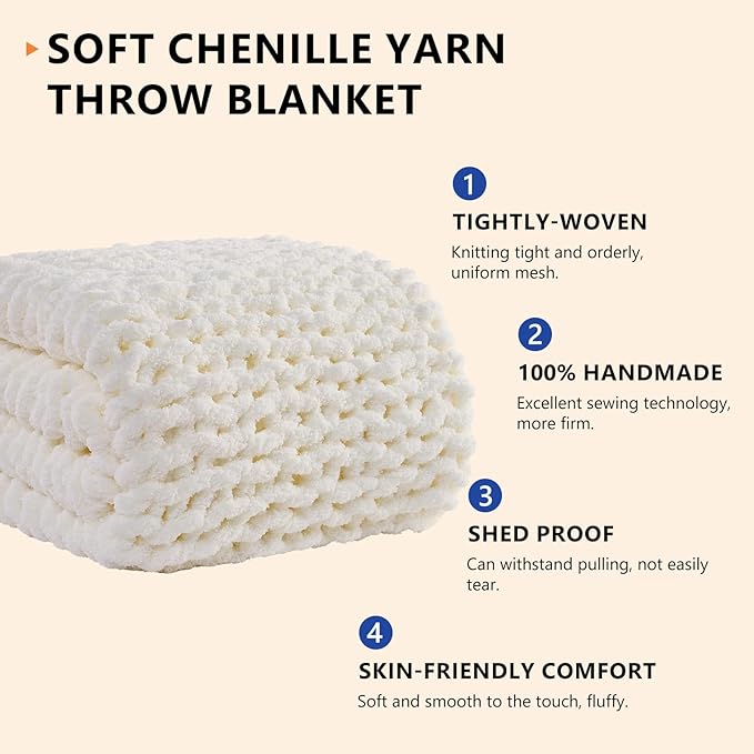 L'AGRATY Chunky Knit Throw Blanket for Couch, 60 x 80 Inches, Cream White | Handmade Chenille Crochet Blanket for Sofa Bed, Thick Cable Knitted Blankets for Room Home Decor, Birthday Gift for Women Mom