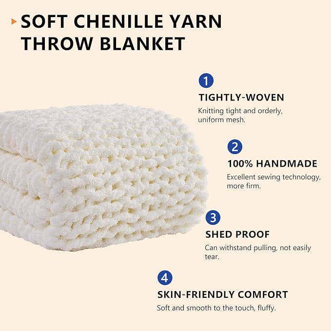 L'AGRATY Chunky Knit Throw Blanket for Couch, 80 x 90 Inches, Cream White | Handmade Chenille Crochet Blanket for Sofa Bed, Thick Cable Knitted Blankets for Room Home Decor, Birthday Gift for Women Mom