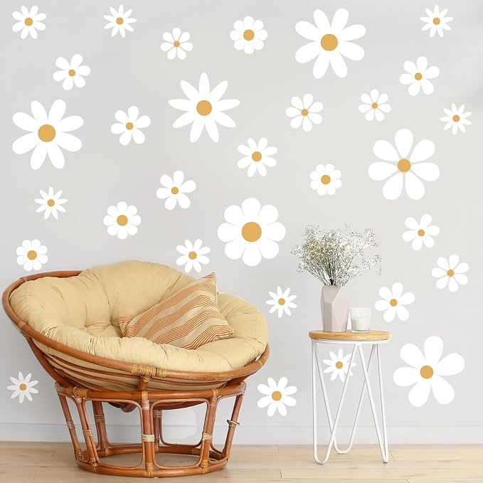 TaoBary 12 Sheet Daisy Wall Sticker Decal,White, Yellow,Classic Style | Big Flower Wall Sticker, Pink White Floral Decal, Daisy Bedroom Room Decor, Removable Peel and Stick, Nursery Home Wall Decor