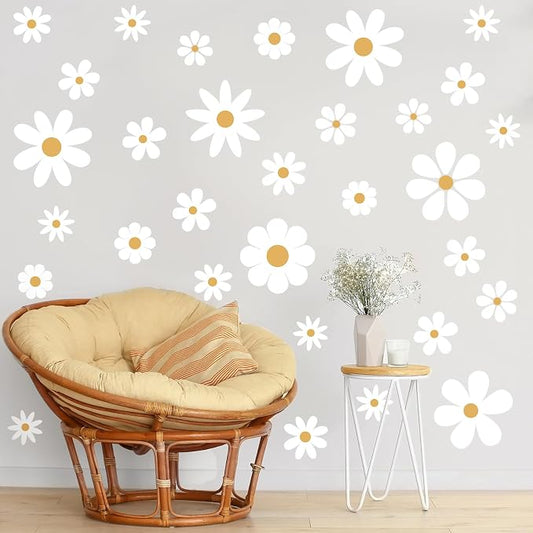 TaoBary 12 Sheet Daisy Wall Sticker Decal,White, Yellow,Classic Style | Big Flower Wall Sticker, Pink White Floral Decal, Daisy Bedroom Room Decor, Removable Peel and Stick, Nursery Home Wall Decor