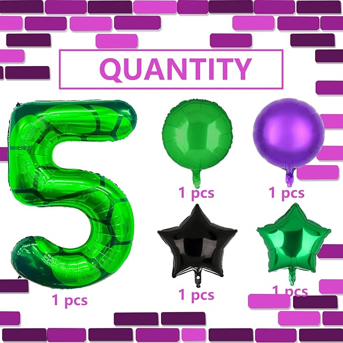 5Pcs Cartoon Turtle Theme Birthday Decorations 40 Inch Number 5 Foil Balloons Super Green Turtle Themed Hero Large Mylar 5th Number Balloon Video Game Pizza Balloons Party Favors Purple
