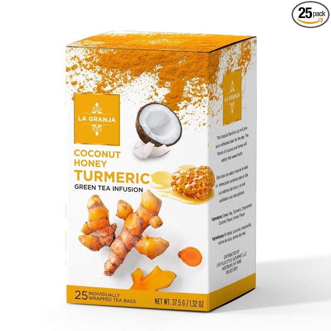 Life Plus Style Gourmet La Granja Coco Honey Green Tea 25 Individually Wrapped Tea Bags Turmeric Chamomile Coconut Honey Flavored Green Tea Refreshing Herbal Infusion Gift for Tea Lovers