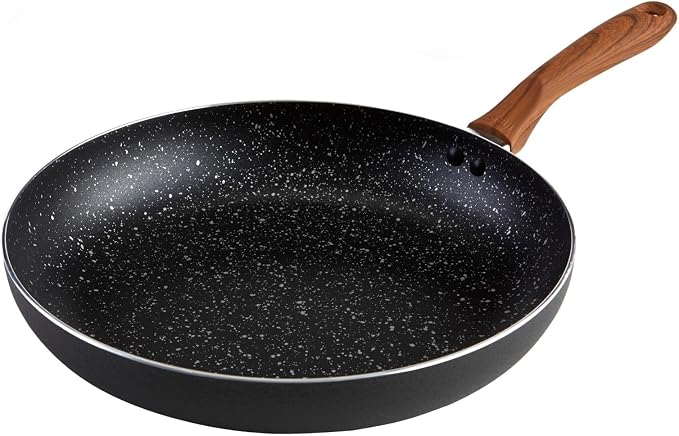 IMUSA USA 9.5" Black Stone Nonstick Fry Pan with Woodlook Handle and Speckled Nonstick Interior