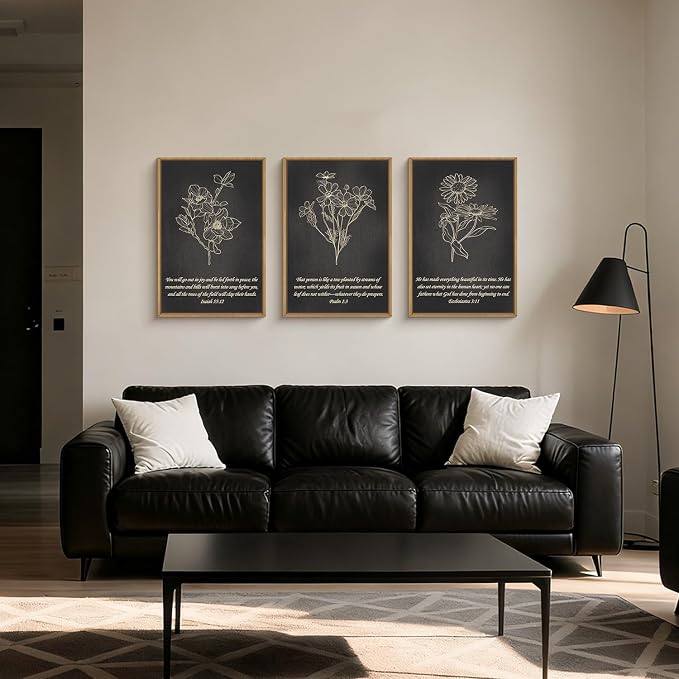FWIEXA Black Christian Bible Verse Canvas Wall Art Set of 3, Easter Minimalist Scripture Wall Decor, Religious Beige Abstract Floral Painting, 16x24In Vintage Artwork for Living Room,Bedroom,Prayer Room