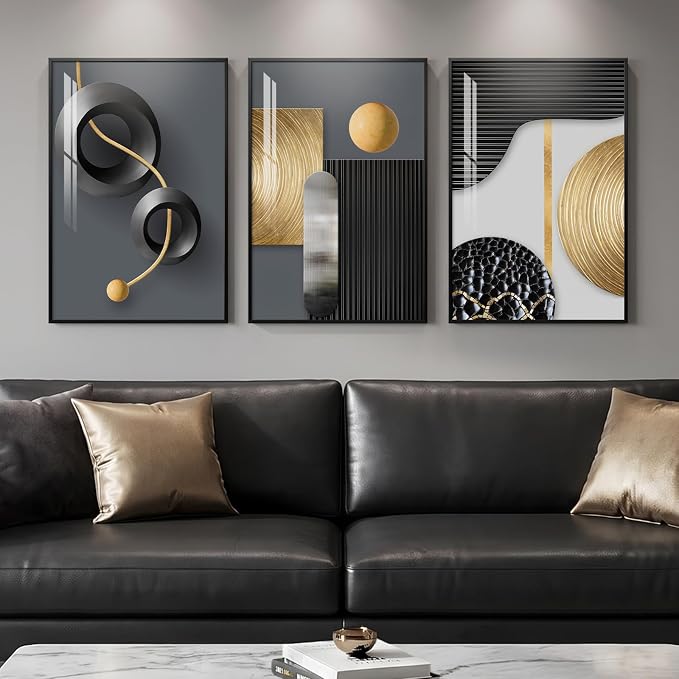 Framed Modern Elegant Wall Art for Living Room, 3 Piece 16x24 In | Black gold wall prints, Abstract geometric wall paintings, Contemporary luxury bedroom dining room office wall decor
