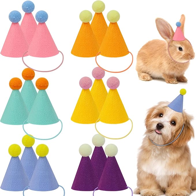 18pcs Mini Party Hats for Stuffed Animals, Birthday Party Cone Hats Dolls Dog Cat Rabbit Puppies Assorted Animal Birthday Decorations