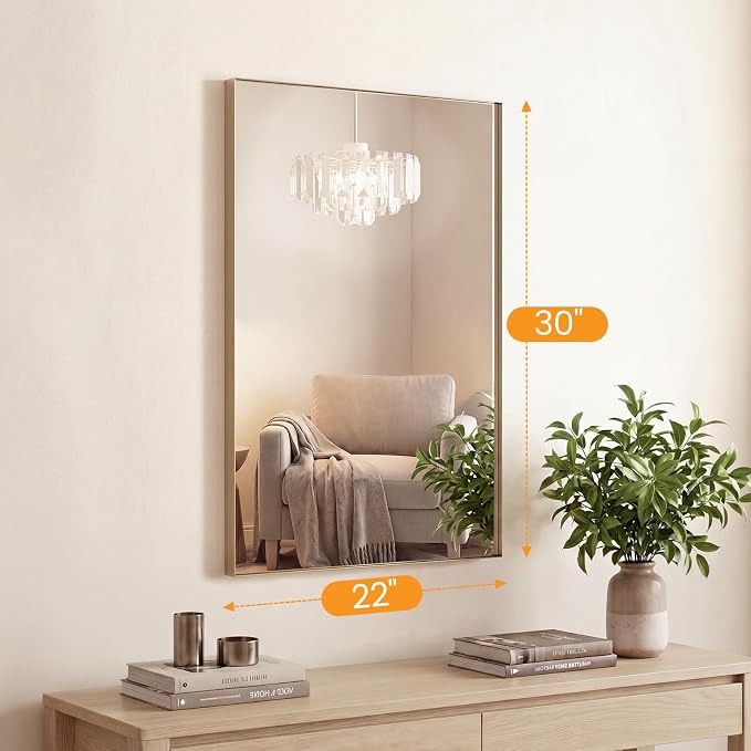Sweetcrispy Bathroom Mirrors for Over Sink, 22" x 30" Rectangle Wall Mount Mirror with Metal Frame, Modern Vanity Mirror with Tempered Glass, for Home Decor, Anti-Rust, Gold