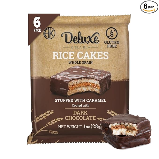 Deluxe & Bla Bla Stuffed Rice Cakes - Whole Grain Chocolate Rice Cake,Gluten Free,Low Calorie,(Alfajor) Kosher Certified - Caramel Filled Rice Cakes coated with Dark Chocolate, 28g Each (6 Pack)