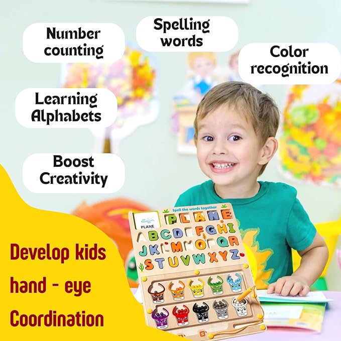 Wooden Puzzle Board for Kids Montessori Educational Toys Toddlers Preschool Learning Activities 3 4 5 6 Year Old Girls Boys Birthday Gifts Travel Toys for 3+ and Alphabet Magnetic Maze Ages 3-5