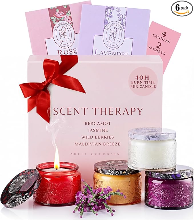 6-pc Scented Candle Gift Set for Women, Aromatherapy Inspired Adelegourdain | Incl. 4 Soy Wax Candles and 2 Fragrance Packets - Gift Ready Box - Scents incl. Bergamot, Maldivian Breeze, Jasmine, Berries