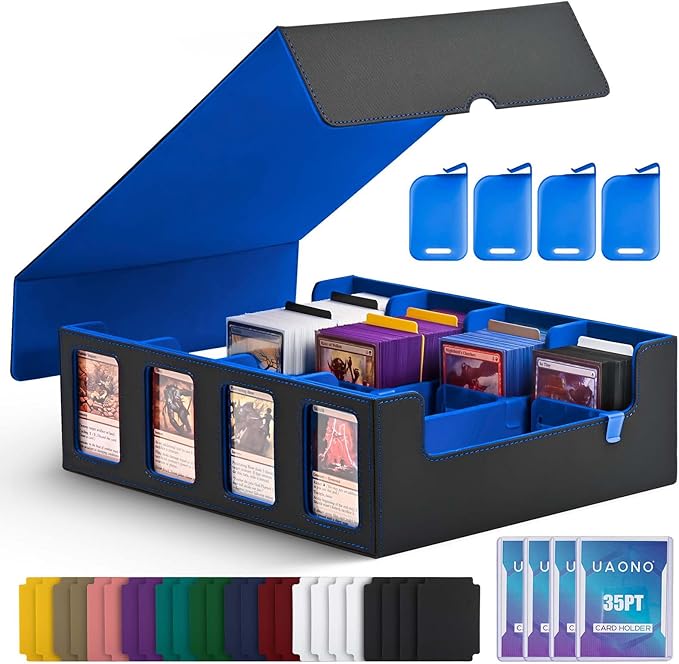 UAONO Trading Card Storage Box with Commander Display; 2400+ Deck Box for MTG with Removable Cover; Top Loaders Card Case fits Magic TCG PTCG Sports Cards; 24 Dividers, 4 Stoppers (Black, Blue)