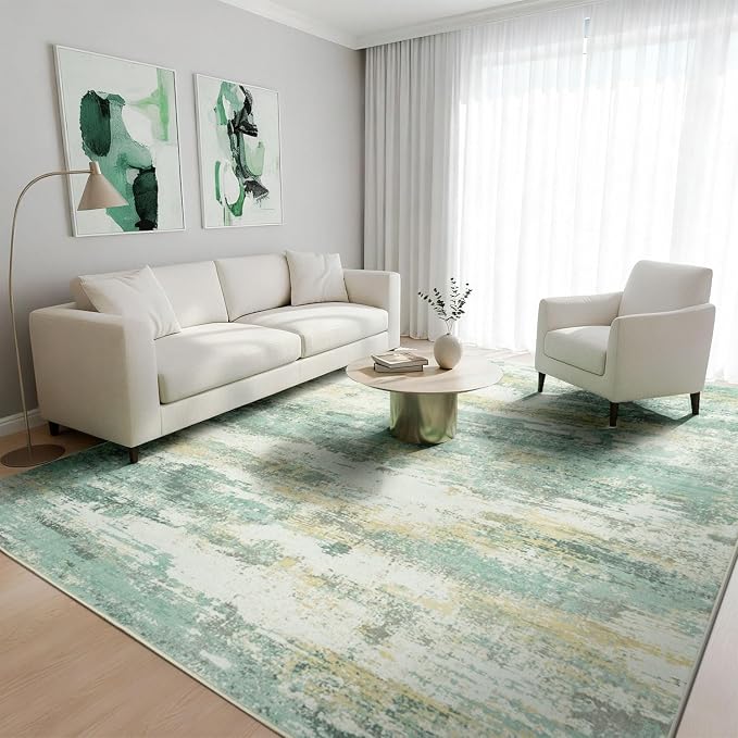 Rugflix 8x10 Area Rugs for Living Room, Washable Light Green Large Rug | Machine Washable; Stain-Resistant; Low Pile; Non-Slip; Modern Abstract; Carpet for Bedroom Dining Office Nursery Home