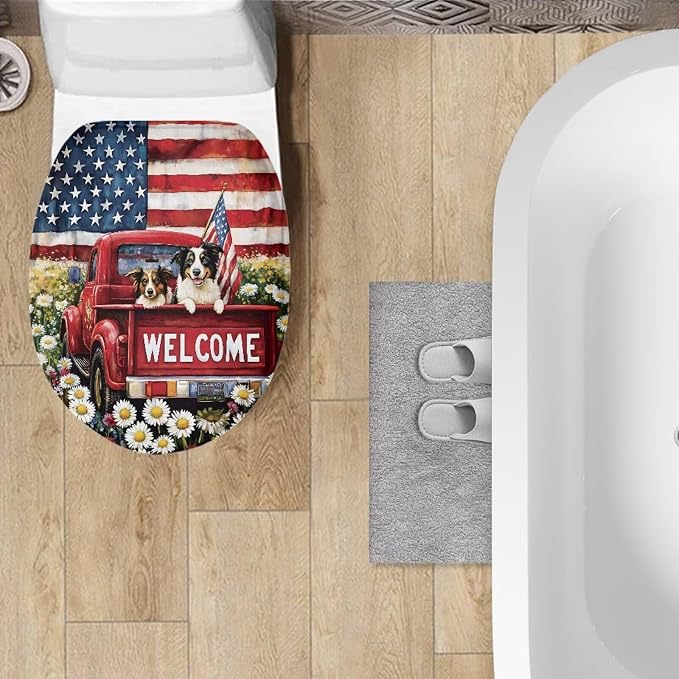 American Flag Dog Toilet Seat Covers for Bathroom US 250 Years Decorations Snowman Toilet Seat Covers with Elastic Bottom Soft Bathroom Replacement Easy to Clean