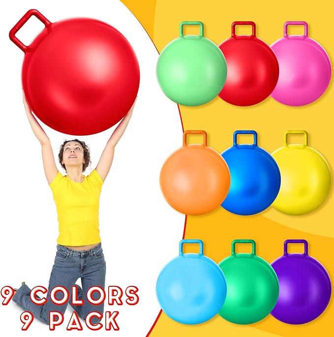 Meooeck 9 Pcs Hopper Ball 20 Inch Outdoor Bouncy Balls with Handles and Air Pump Jumping Hopping Ball for Sports School Games Exercise(Multicolor)