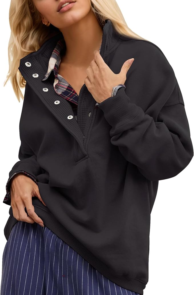 Gacaky Sweatshirt for Women Oversized Casual Long Sleeve Button Henley Neck Pullover Tops Fashion Outfits Clothes
