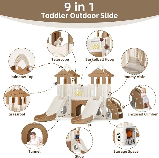 XJD 9 in 1 Toddler Slide, Jungle Double Slide Playset with Basketball Hoop, Tunnel and Storage Space, Outdoor Indoor Slide for Toddlers Age 1+,Tree House Design Toddlers Playground (Brown)