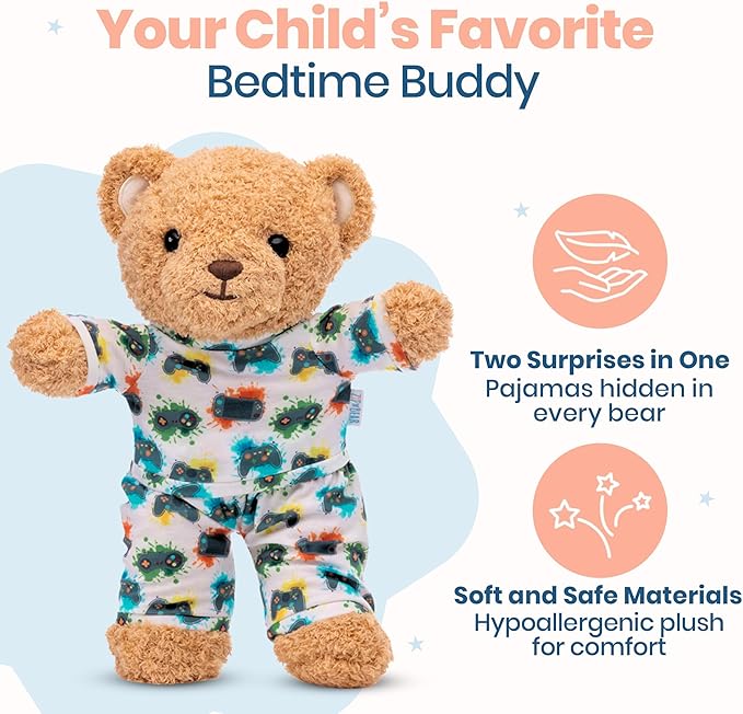 Zip N' Bear Soft Plush Teddy Bear Stuffed Animal with Gamers Galaxy Pajamas - Zippy The Bear Cute Cuddly Plush Toy, Perfect Sensory Teddy for Kids, Toddlers - Adorable Gift & Bedtime Companion