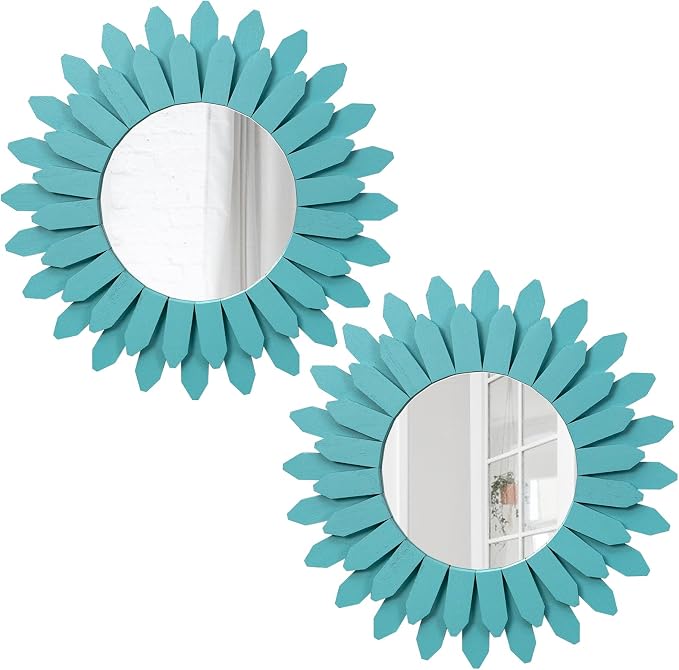 Beach Wall Decor Mirror 2 Pack 12 inch Wood Coastal Wall Decor Sunburst Boho Home Decor Room Decor for Bedroom Living Room Entryway Cyan