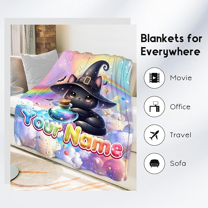 Kids Blankets Custom Halloween Blanket Gifts for Cat Lovers - 4 Sizes Cozy Soft Flannel Throw for Girls