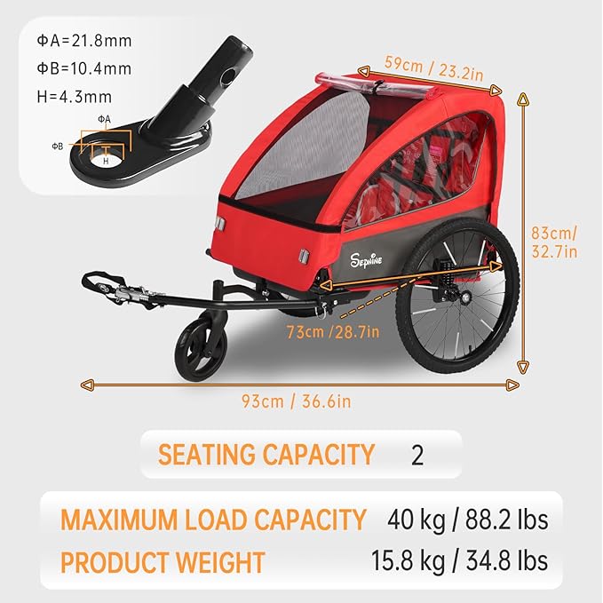 Sepnine 2-in-1 Kids Bike Trailer and Stroller with Suspension – Bike Trailer for 1 to 2 Children, Jogging Function, Foldable, 5-Point Harness, Spacious Storage, with Bug Screen and Weather Shield