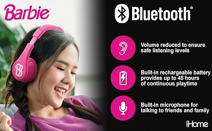 eKids Barbie Bluetooth Headphones, Pink Wireless Headphones with Microphone Includes Aux Cord, Volume Reduced Kids Foldable Earphones