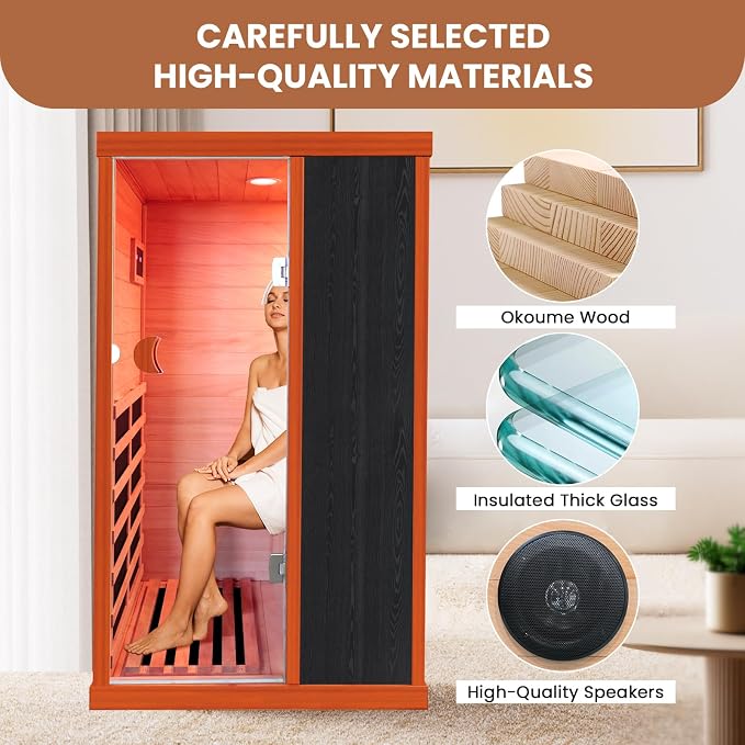 Far Infrared Sauna Home Sauna Room 1200W/110V Low-EMF Wood Indoor Dry Sauna | 1 Person Compact Sauna with Control Panel Speaker & Tempered Glass Door- Fast Heating Easy Assembly 35.2 * 28.8 * 61.5 in