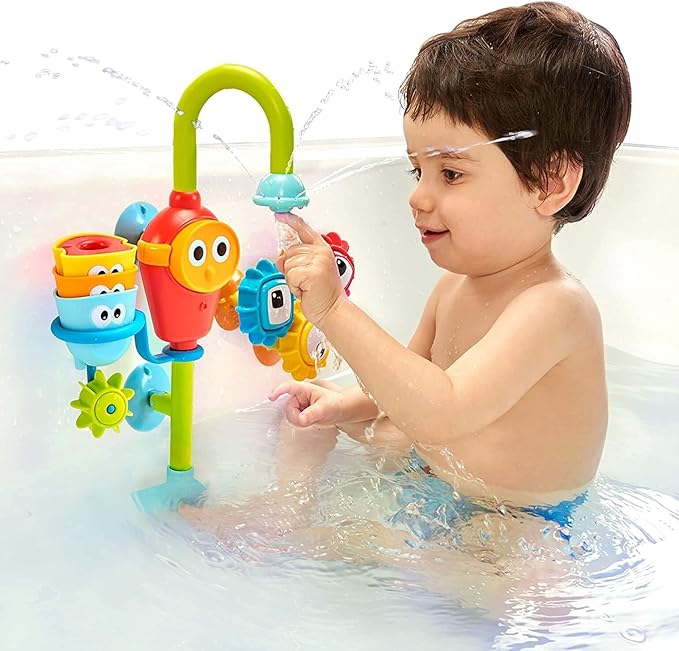 Yookidoo Bay Bath Toddler Toys (Ages 1-3) - 3 Stackable Cups, Spinning Gears, Hose & Spout for Water Play - Mold Free - Suction Cups Attach to Any Bath Tub or Shower - Spin N Sort Spout Pro