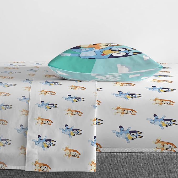 Jay Franco Kids Sheet Set with Fitted, Flat Sheets & Pillow Cover - Ultra-Soft Bedding with Pillowcase for Room Decor, White - Bluey, 3 Piece Twin