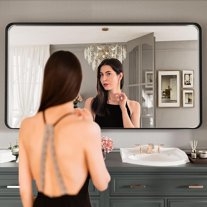 LOAAO 77X36 Inch Black Metal Framed Bathroom Mirror | Matte Black Bathroom Vanity Mirror, Rounded Rectangle, Anti-Rust, Tempered Glass, Hangs Horizontally or Vertically