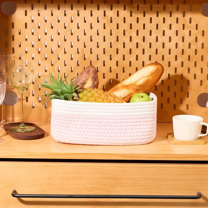 MiniArk Small Storage Baskets for Organizing | Closet Organizer Bins | Shelf Toy Basket | Woven Rope Baskets | Cube Decorative Box | Shallow Basket | 11.5x7.5x4.7” | 3 Packs White Pink